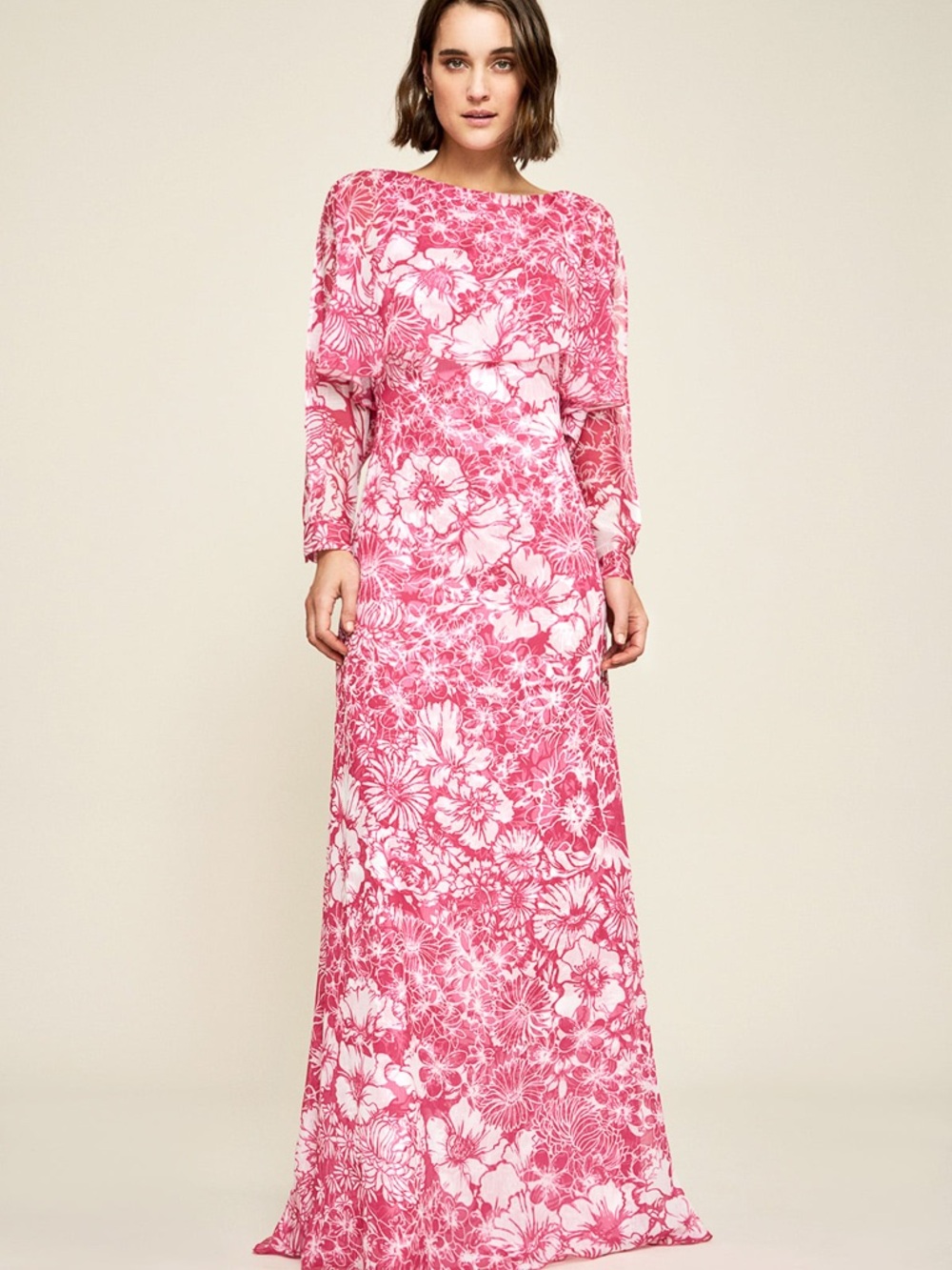 Tadashi Shoji Pink & White Floral Long Sleeve Maxi Dress